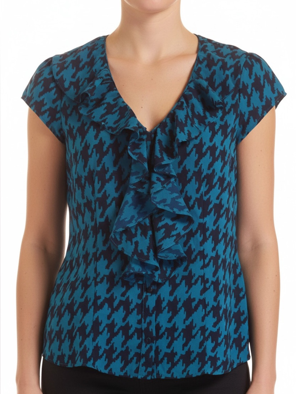 EUC Banana Republic Houndstooth Button Down Ruffle Blouse Sz S